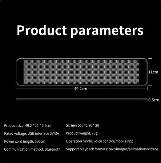 Black flexible LED screen for adhesive mounting on a car rear windscreen, showing a coloured message display.
