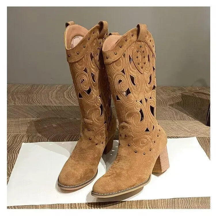 Fashion middle chunky heel Western cowboy boot in khaki, V cut embroidery and hollow out, round toe, rubber sole