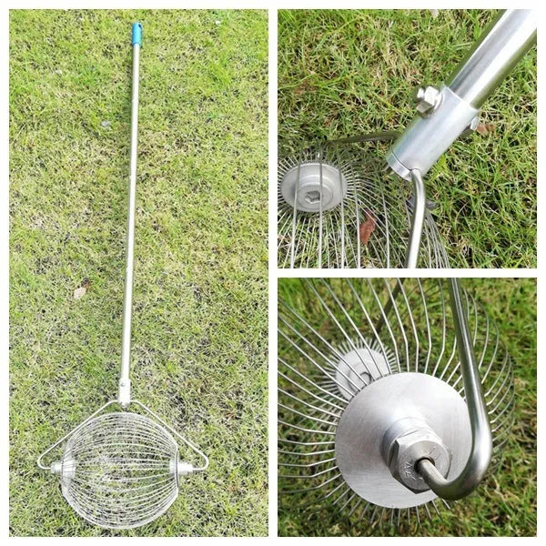 Metallic 304 stainless steel golf ball picker on a green surface.