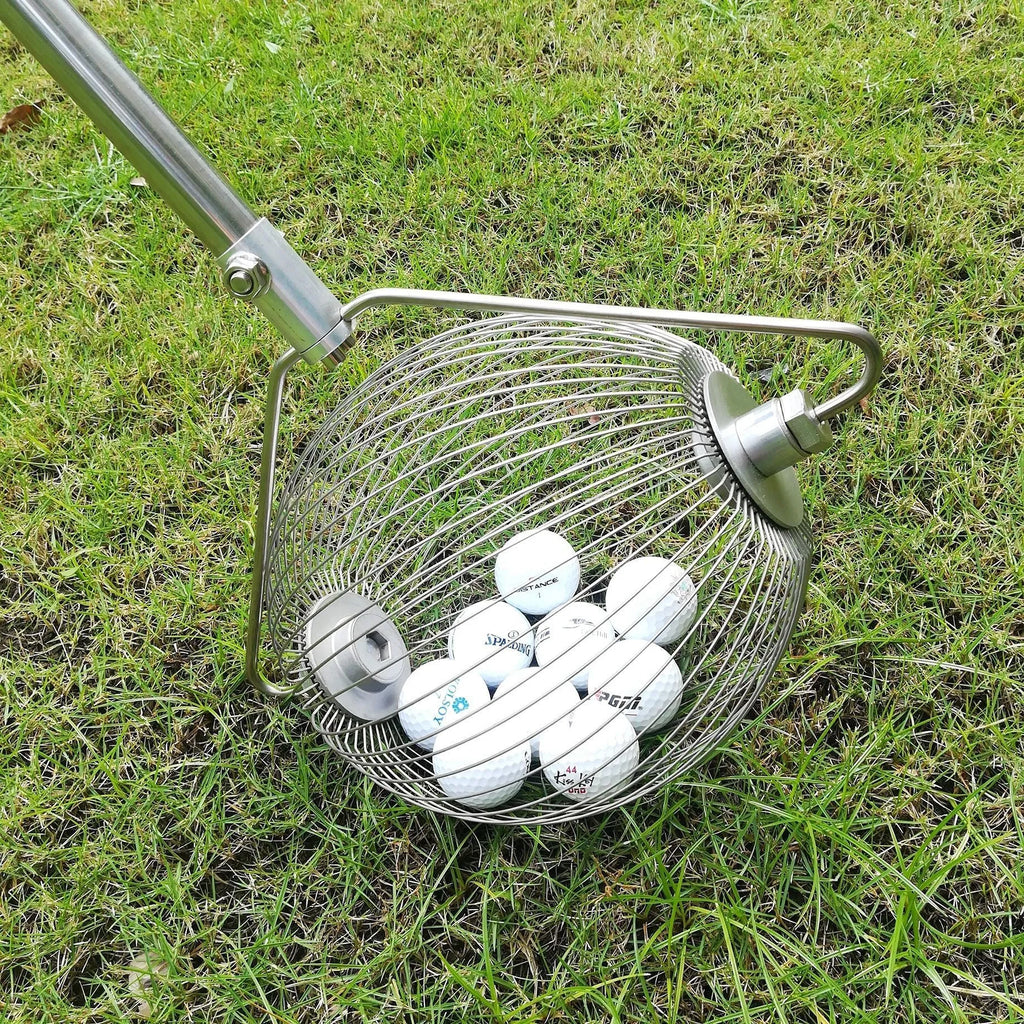 Metallic 304 stainless steel golf ball picker on a green surface.