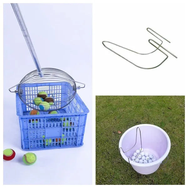 Metallic 304 stainless steel golf ball picker on a green surface.