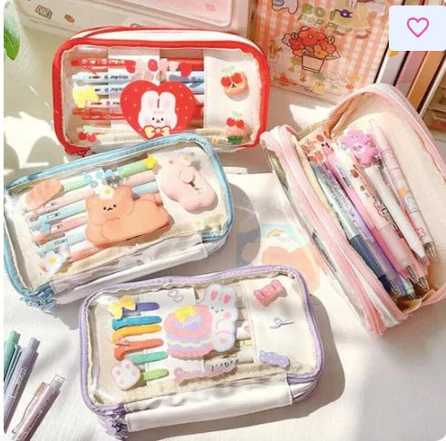 Transparent heart pattern pen bag in pink or red Korean style design
