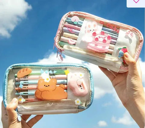 Transparent heart pattern pen bag in pink or red Korean style design