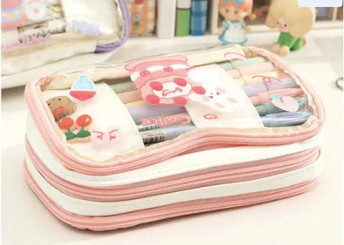 Transparent heart pattern pen bag in pink or red Korean style design