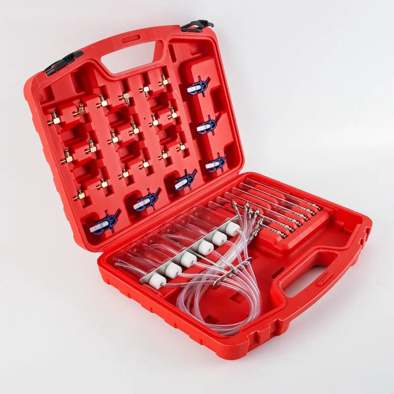 Fuel injection flow meter diagnostic tool with brass components and plastic housing for oil return measurement