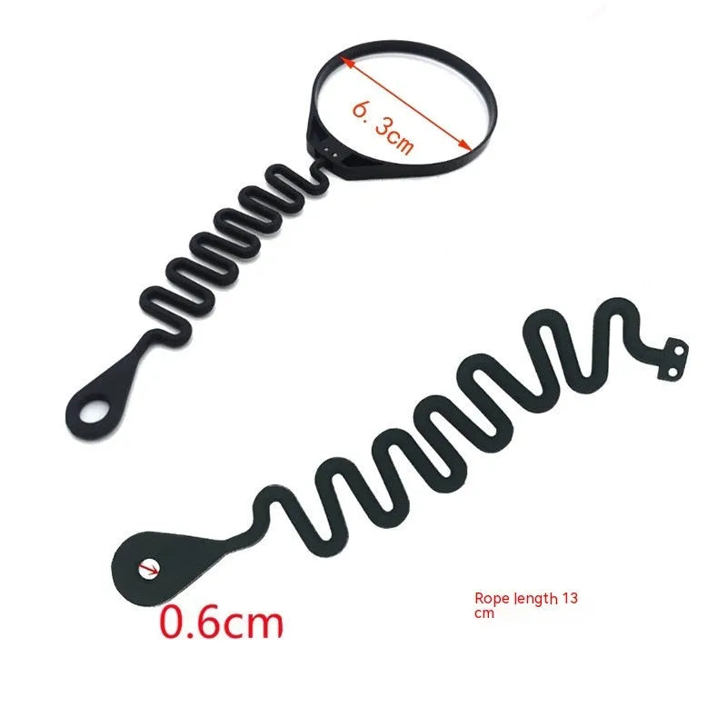 Black rubber fuel cap anti-lost tether for Volvo vehicles showing circle band and separate rope attachment styles