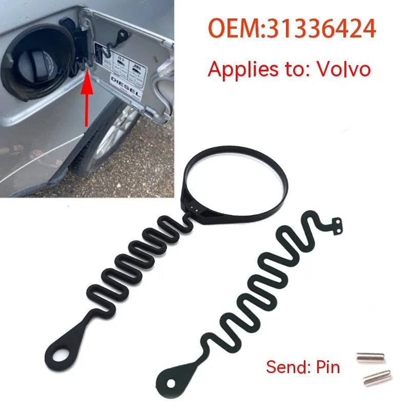 Black rubber fuel cap anti-lost tether for Volvo vehicles showing circle band and separate rope attachment styles