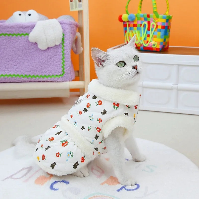 Pet cat clothes autumn winter broken card printing fabric cotton velvet casual style pink white sizes XS to XL
