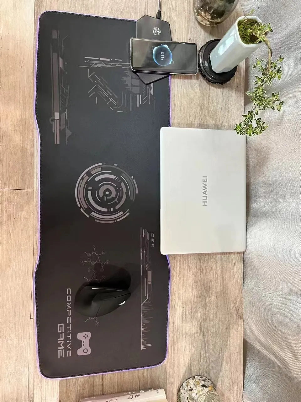 300x800mm black gaming mouse mat with mech-style graphics, luminous interface, and non-slip rubber base