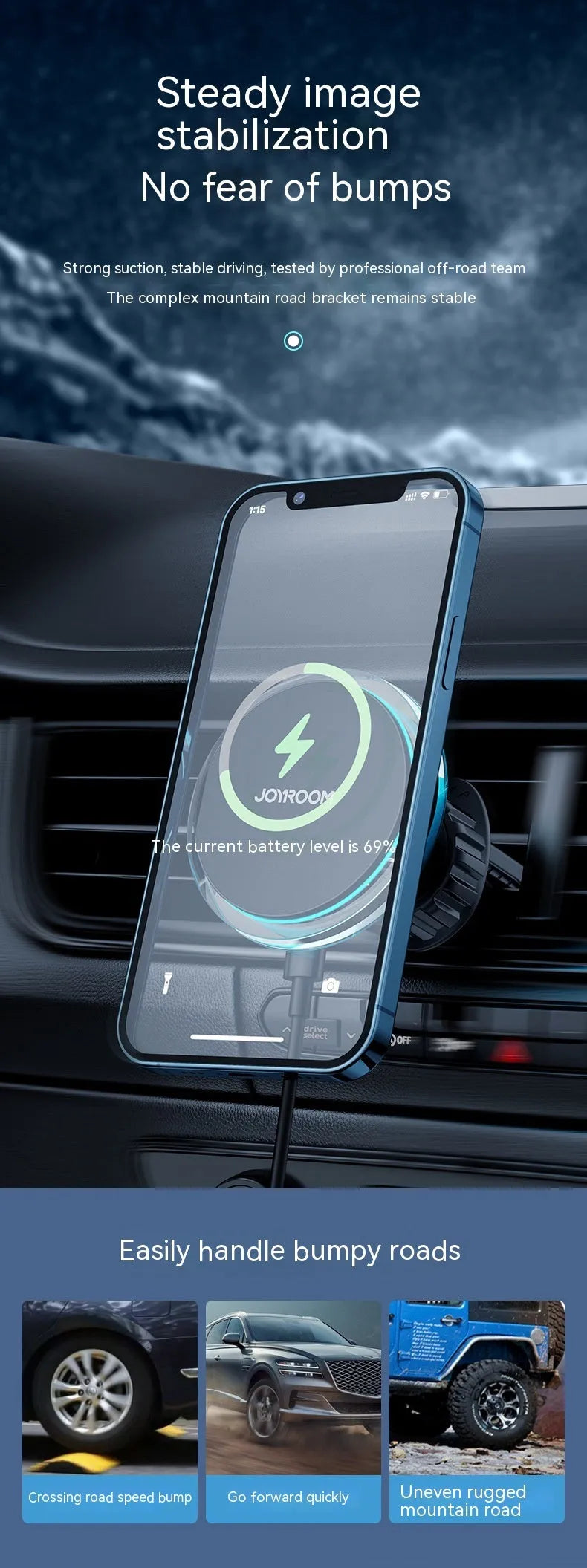 Black car air outlet wireless charging stand with magnetic phone mount showing 15W charging capability