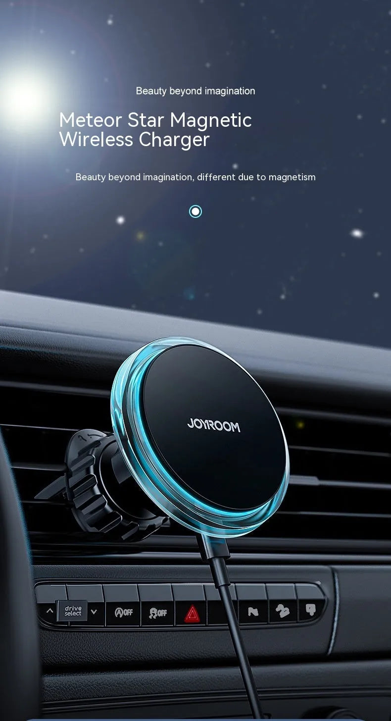 Black car air outlet wireless charging stand with magnetic phone mount showing 15W charging capability