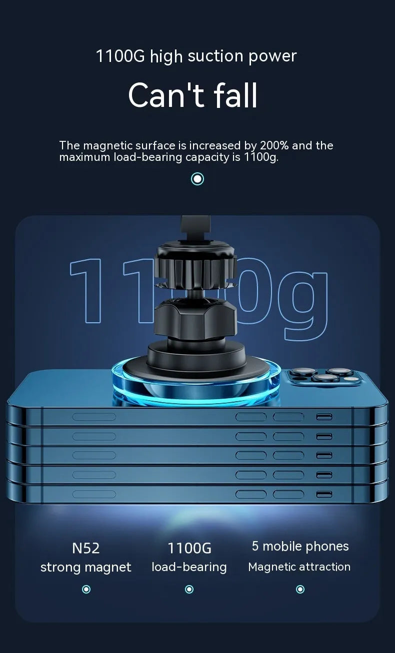 Black car air outlet wireless charging stand with magnetic phone mount showing 15W charging capability