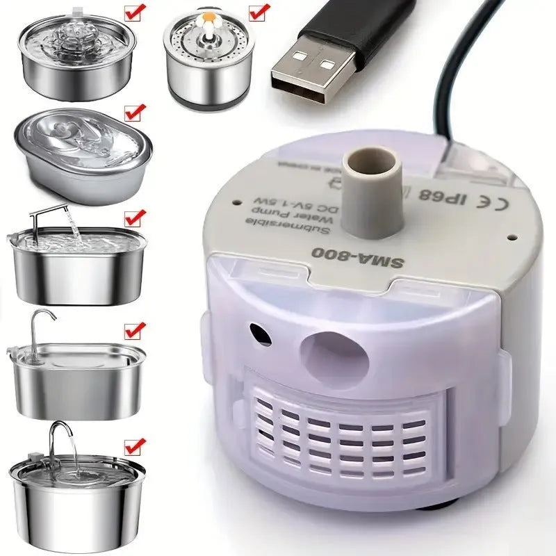 Cylindrical plastic water pump and three cleaning brushes for pet water dispenser accessories
