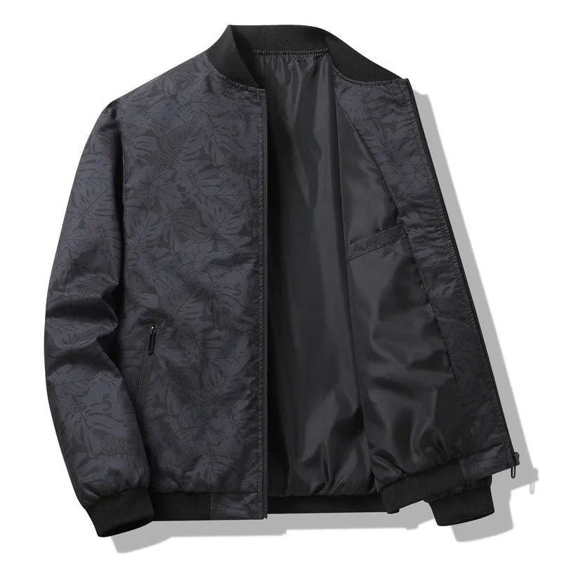 Men's autumn casual jacket with floral pattern in polyester fibre, available in grey, black, white, and blue, sizes M to 4XL