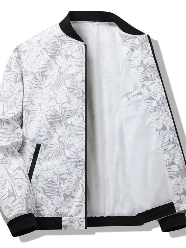 Men's autumn casual jacket with floral pattern in polyester fibre, available in grey, black, white, and blue, sizes M to 4XL