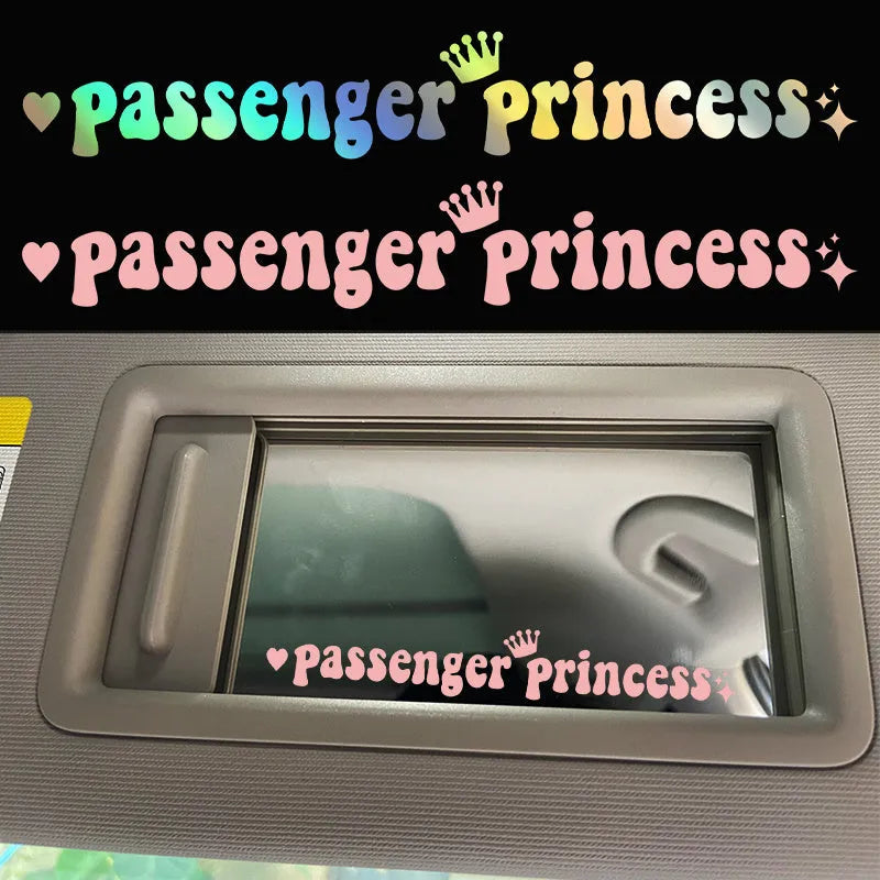 Passenger Princess text car sticker for rearview mirror in black, white, laser or pink colours