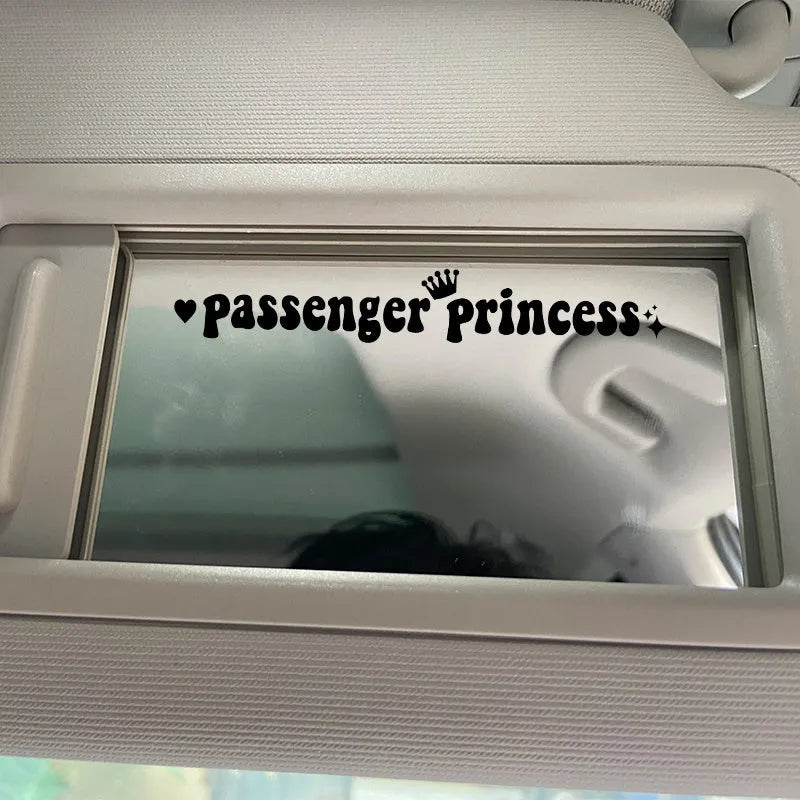 Passenger Princess text car sticker for rearview mirror in black, white, laser or pink colours