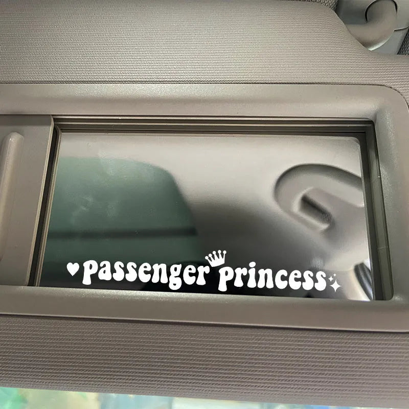 Passenger Princess text car sticker for rearview mirror in black, white, laser or pink colours