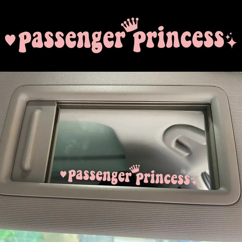 Passenger Princess text car sticker for rearview mirror in black, white, laser or pink colours