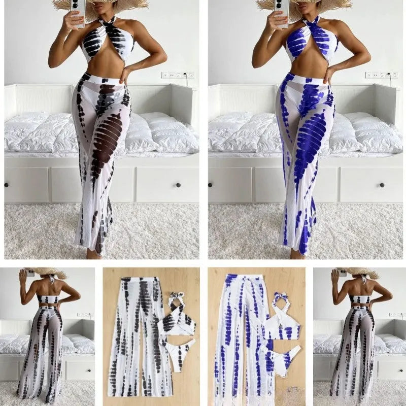 Women's three-piece swimsuit bikini set with mesh trousers in quick-dry polyester fabric