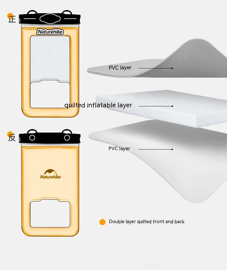 Quilted buoyancy waterproof phone bag in Mars Green with touch screen window, fitting phones up to 6.8 inches.