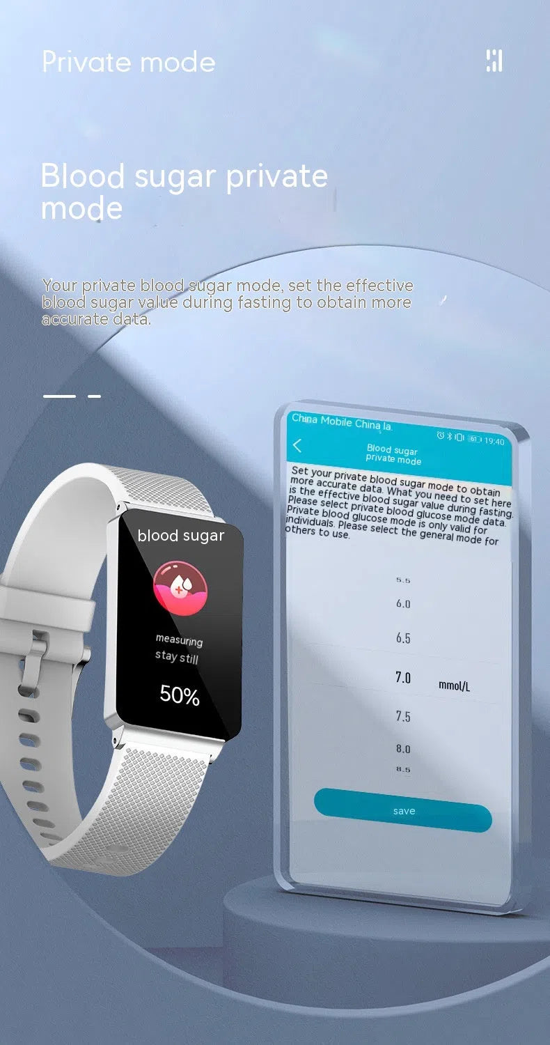 Smart watch health bracelet with IPS screen, touch button, silicone or steel strap in black or silver