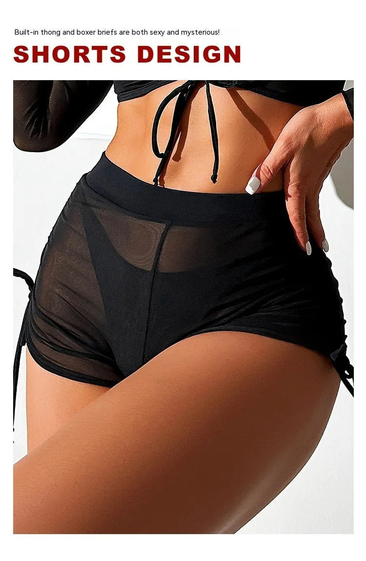 Black mesh women's four-piece bikini swimsuit set with long sleeves