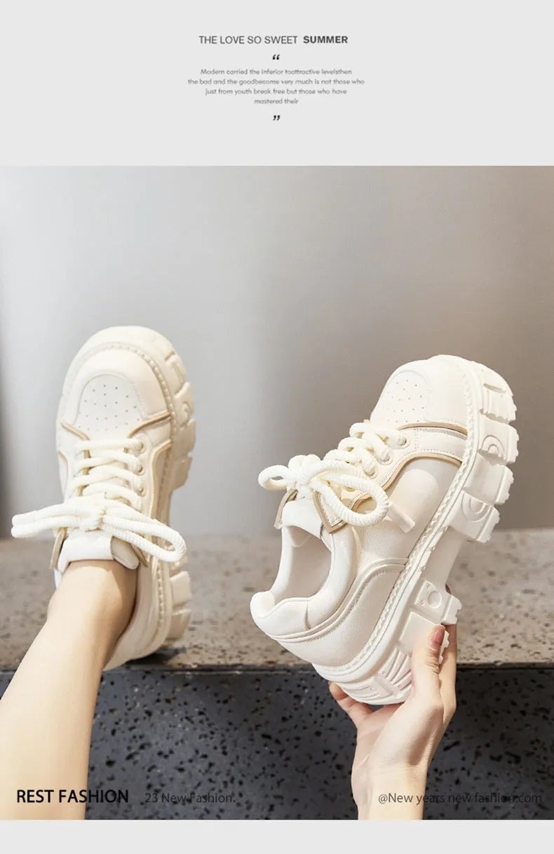 Women's beige leather muffin bottom platform shoes with rubber foam soles