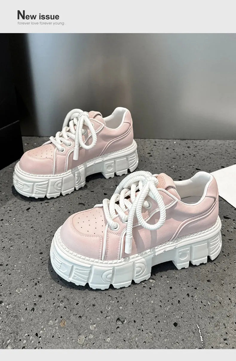 Women's beige leather muffin bottom platform shoes with rubber foam soles