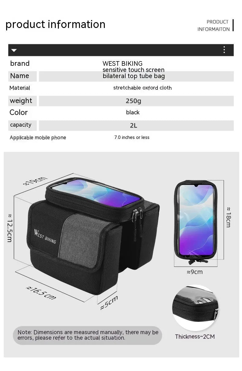 Black and grey Oxford cloth saddle bag with bilateral tube access and touch-screen compatibility