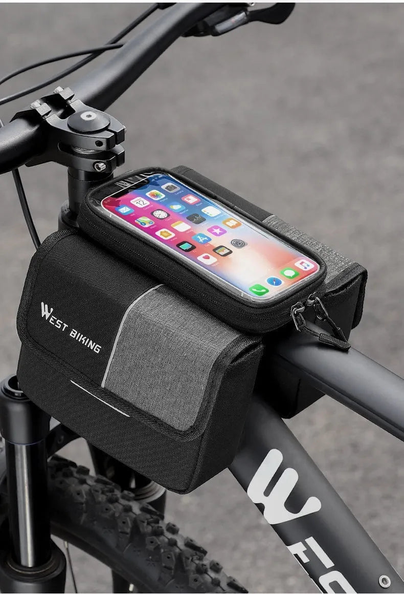 Black and grey Oxford cloth saddle bag with bilateral tube access and touch-screen compatibility