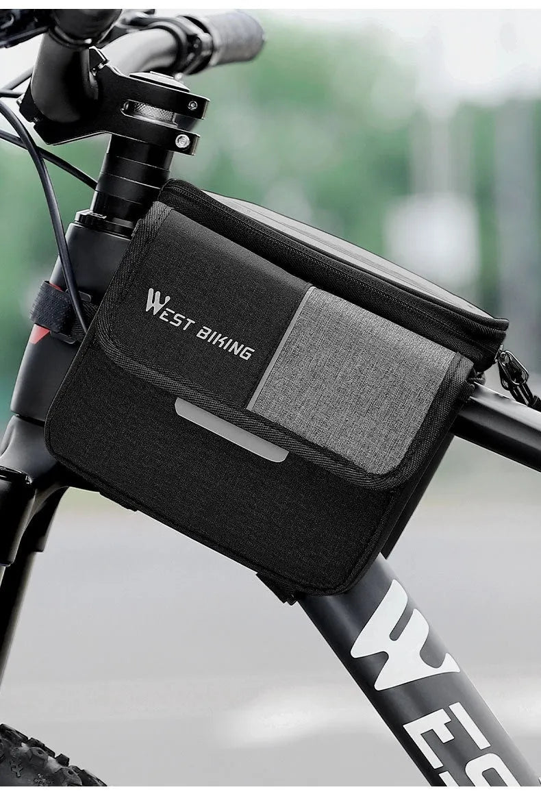 Black and grey Oxford cloth saddle bag with bilateral tube access and touch-screen compatibility