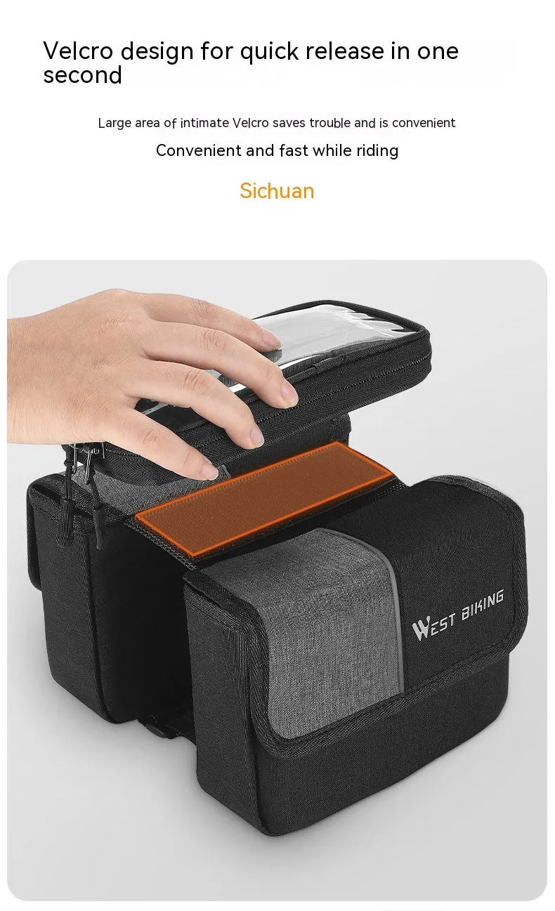 Black and grey Oxford cloth saddle bag with bilateral tube access and touch-screen compatibility