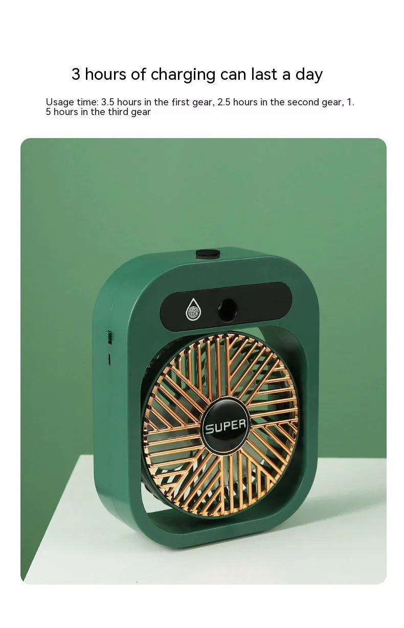 Green and white portable USB misting fan with water tank and adjustable vents