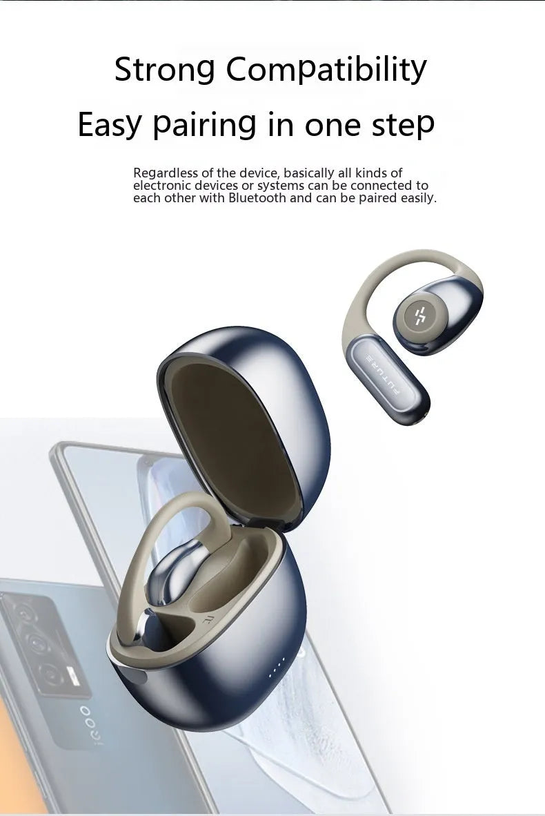 Bluetooth bone conduction headset in ear-hook style, black and gray colour, with charging case