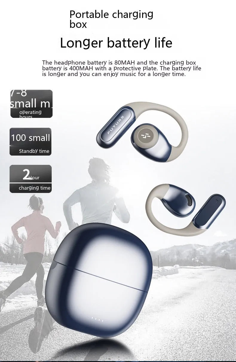 Bluetooth bone conduction headset in ear-hook style, black and gray colour, with charging case
