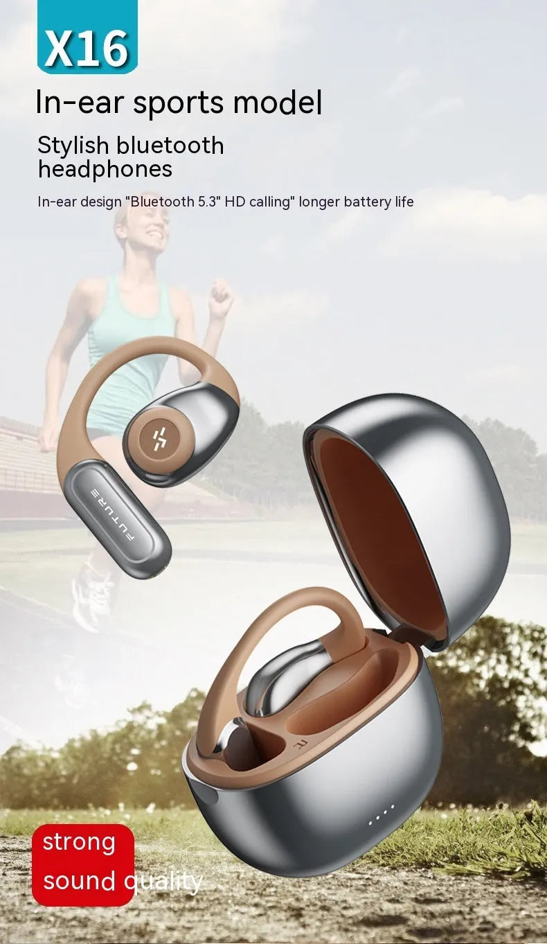 Bluetooth bone conduction headset in ear-hook style, black and gray colour, with charging case