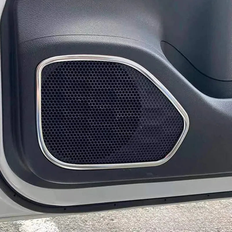 Two silver 304 stainless steel audio frame trim pieces for ROOX 40 Series car doors
