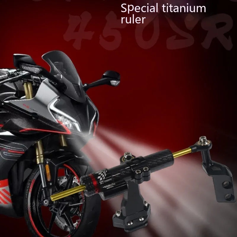 Titanium directional damper bracket kit for CFMoto 450SR motorcycle with carbon fibre finish