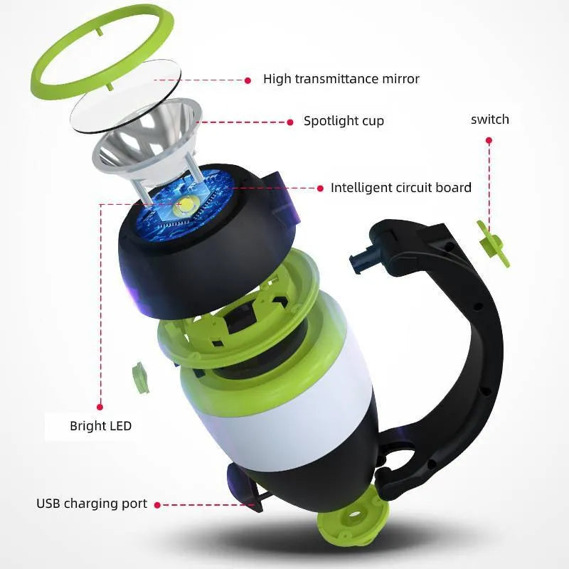 Black green 3-in-1 multifunctional LED table lamp and foldable camping flashlight.