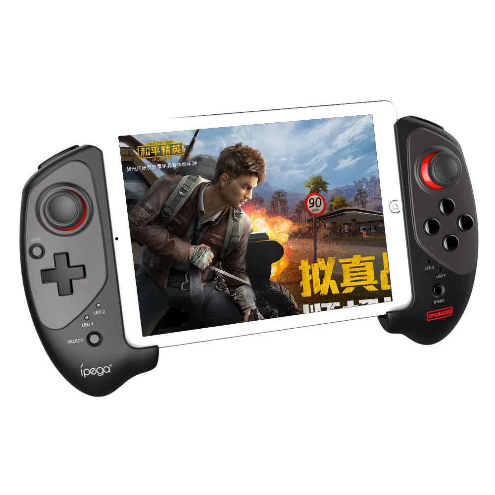 Red telescopic Bluetooth gamepad extended to hold a smartphone with USB cable