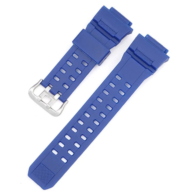 Camouflage TPU watchband with silver buckle, showing strap length and colour options