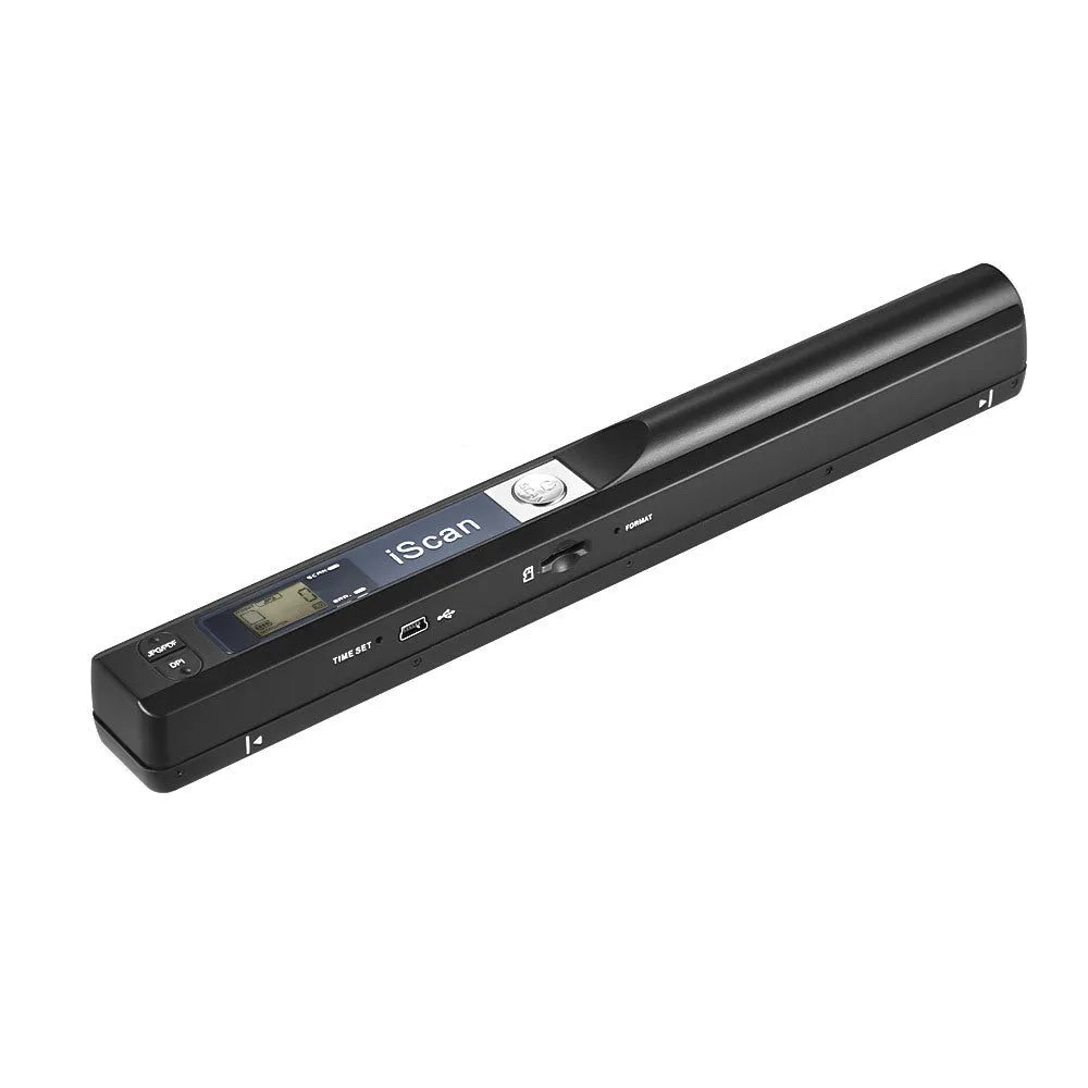 Handheld USB scanner in five colour options: black, blue, green, red, and silver with plastic housing