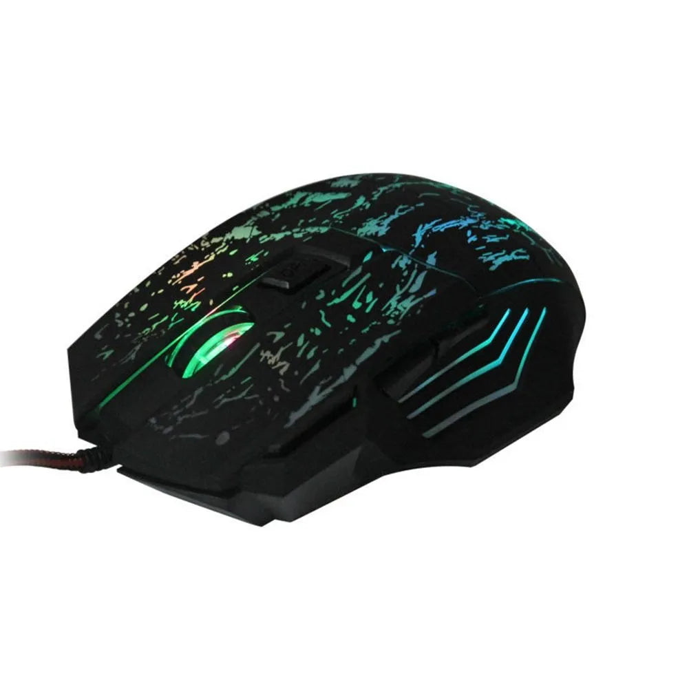 Black wired optical gaming mouse with transparent shell and luminous glow on a desk