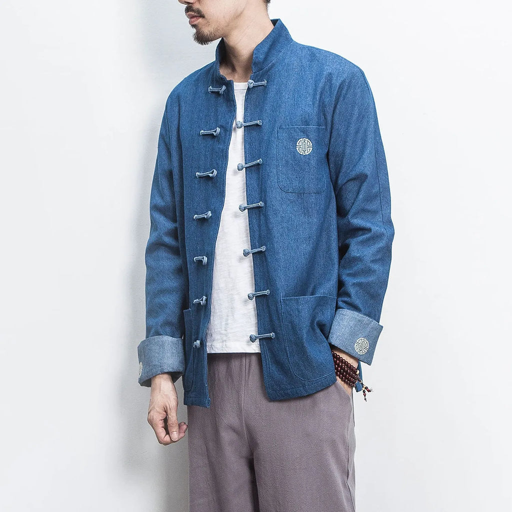 Retro Chinese style hanfu denim jacket top with stand collar and buckle decoration in black, loose fit, long sleeves