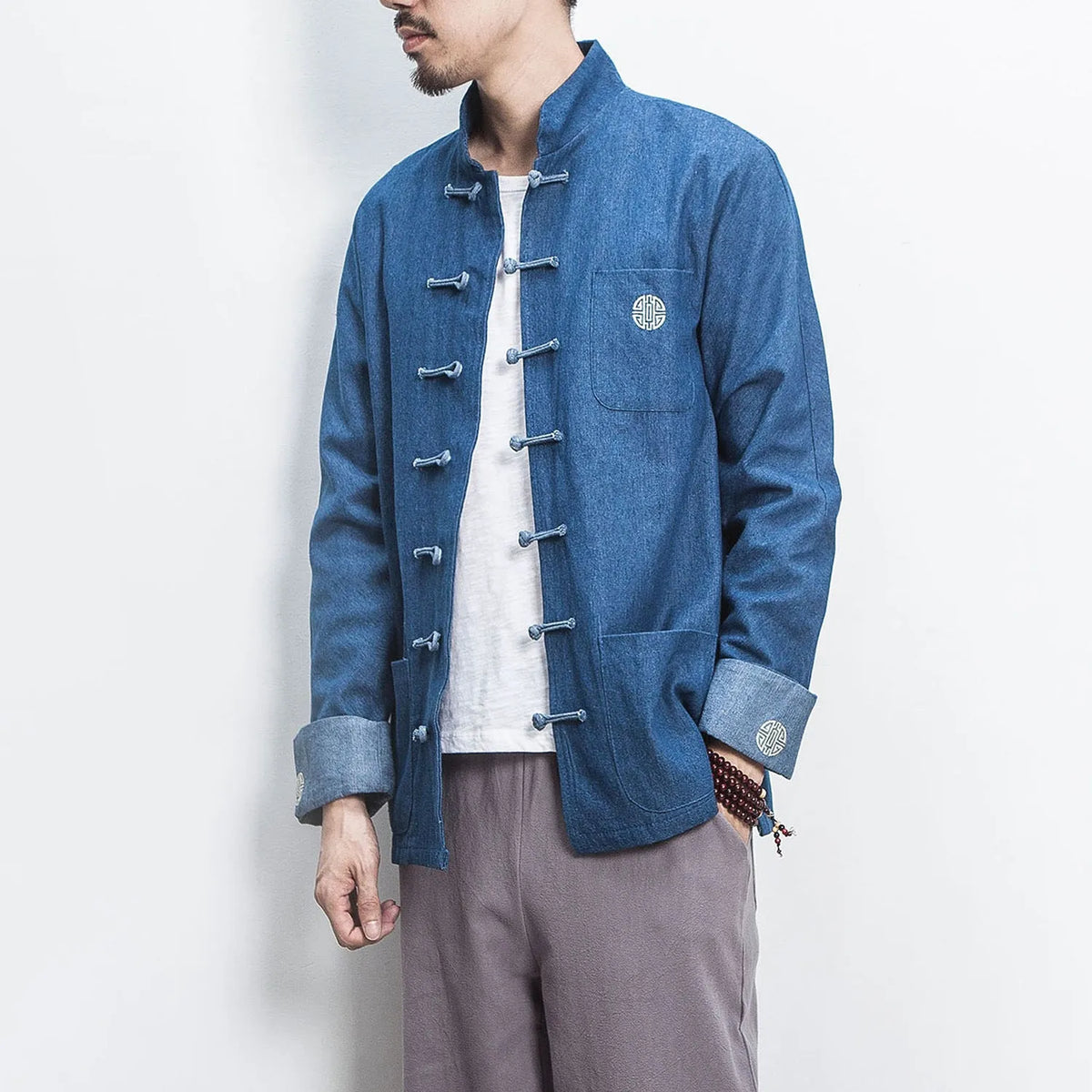 Retro Chinese style hanfu denim jacket top with stand collar and buckle decoration in black, loose fit, long sleeves
