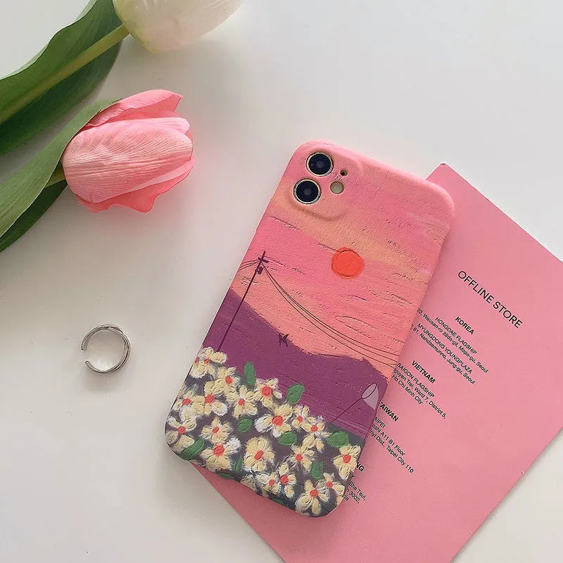 Red liquid silicone iPhone case with sunrise scenery design and TPU back cover