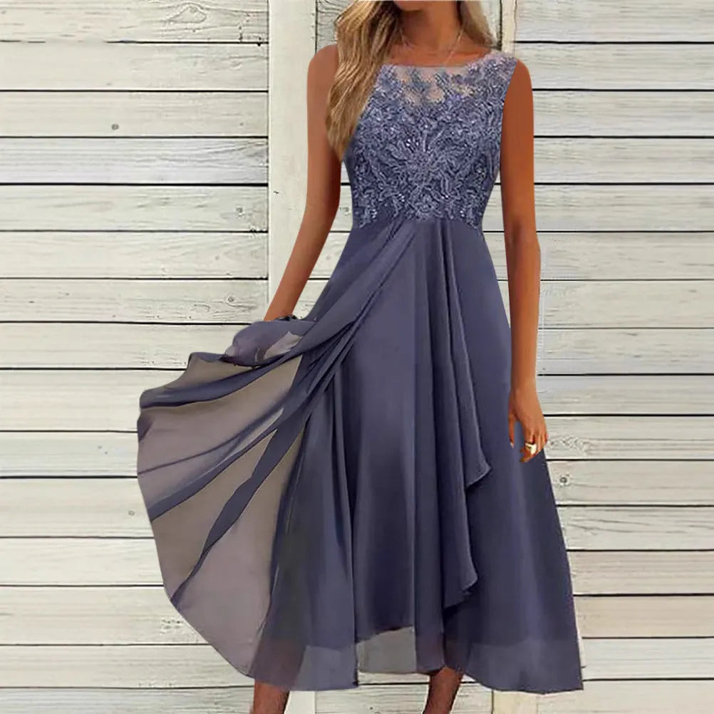 Women's sleeveless green chiffon dress with lace hollow-out detail on a mid-length skirt.