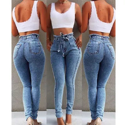 Women's fringed jeans with decorative frayed hems in dark blue, grey, and light blue colours