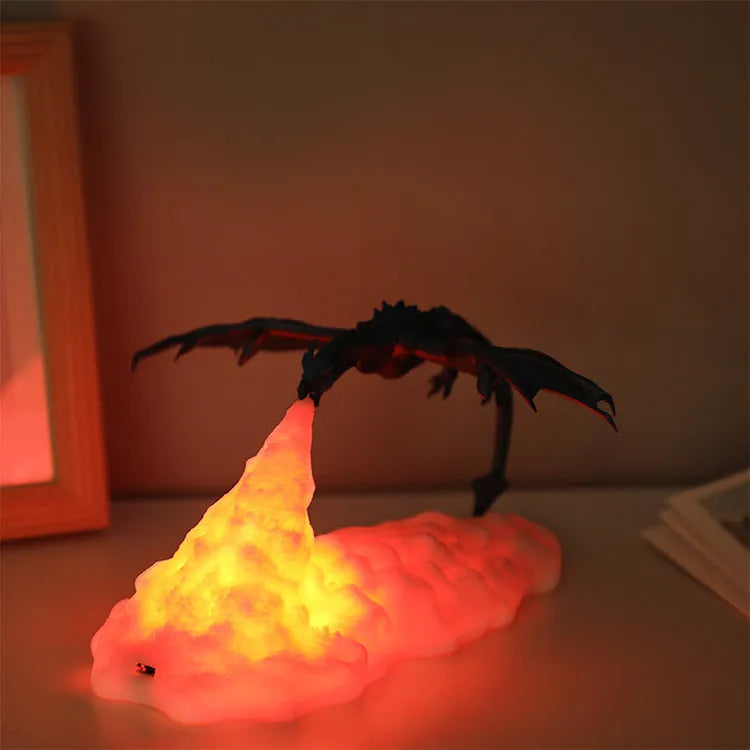 3D-printed dragon night light with red breathing light effect and USB charging cable